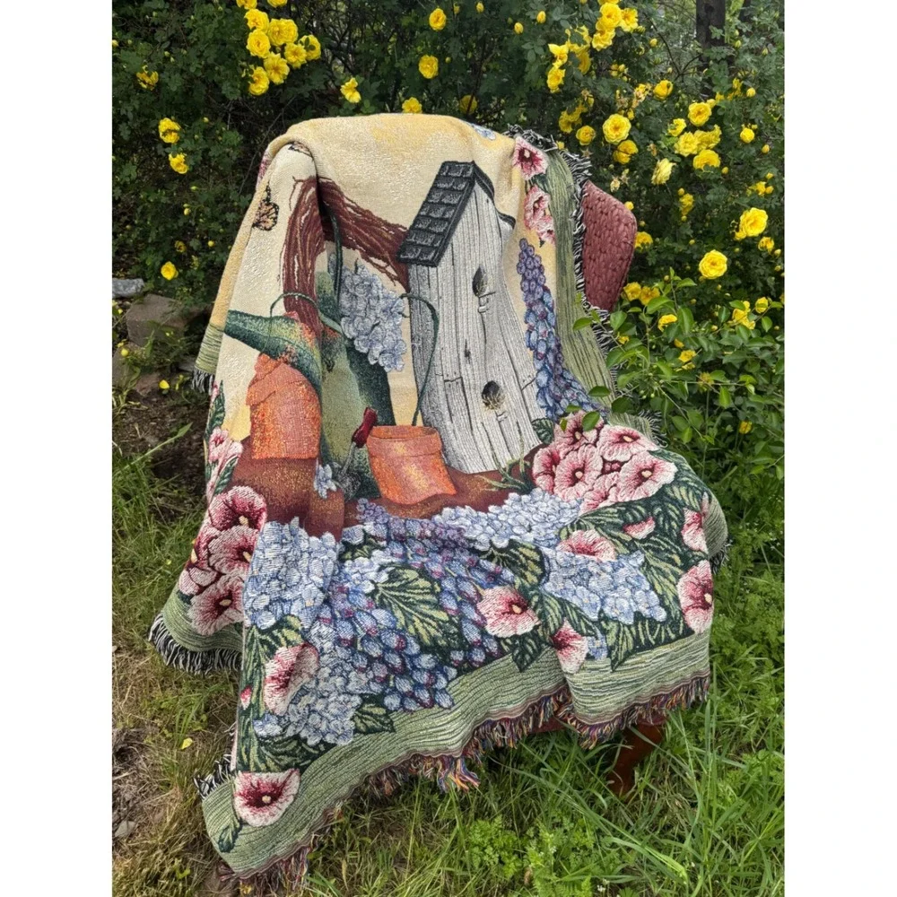 Tapestry Throw Blanket 48x60 Multicolor Garden Floral Birdhouse Gift for Mom